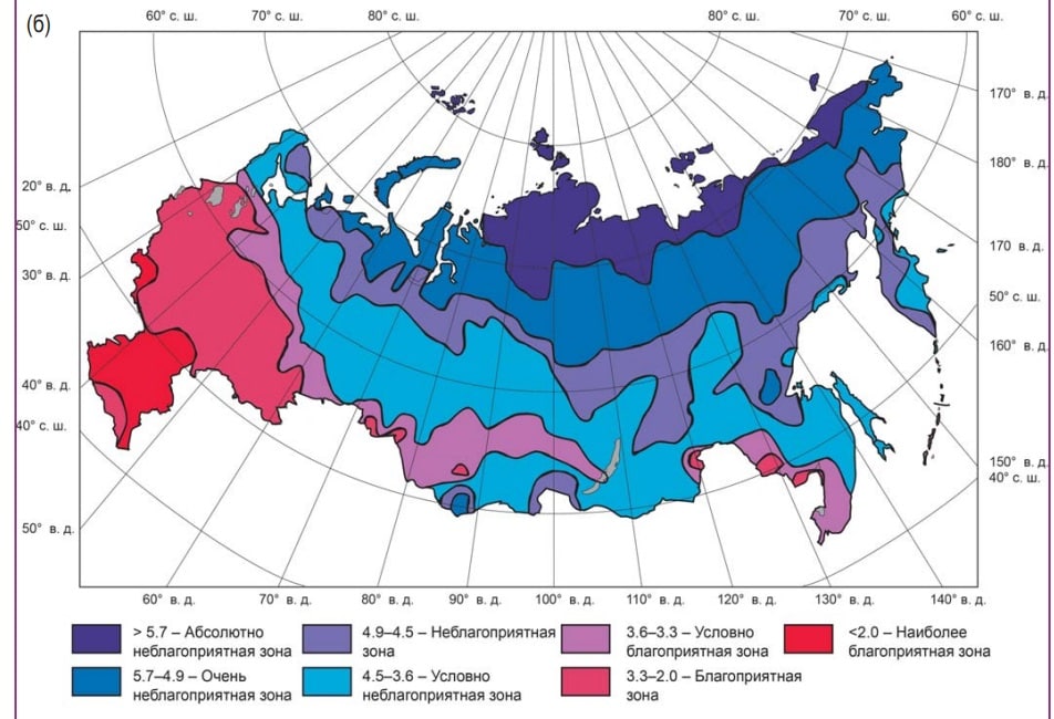 Карта степени благоприятности природных условий россии