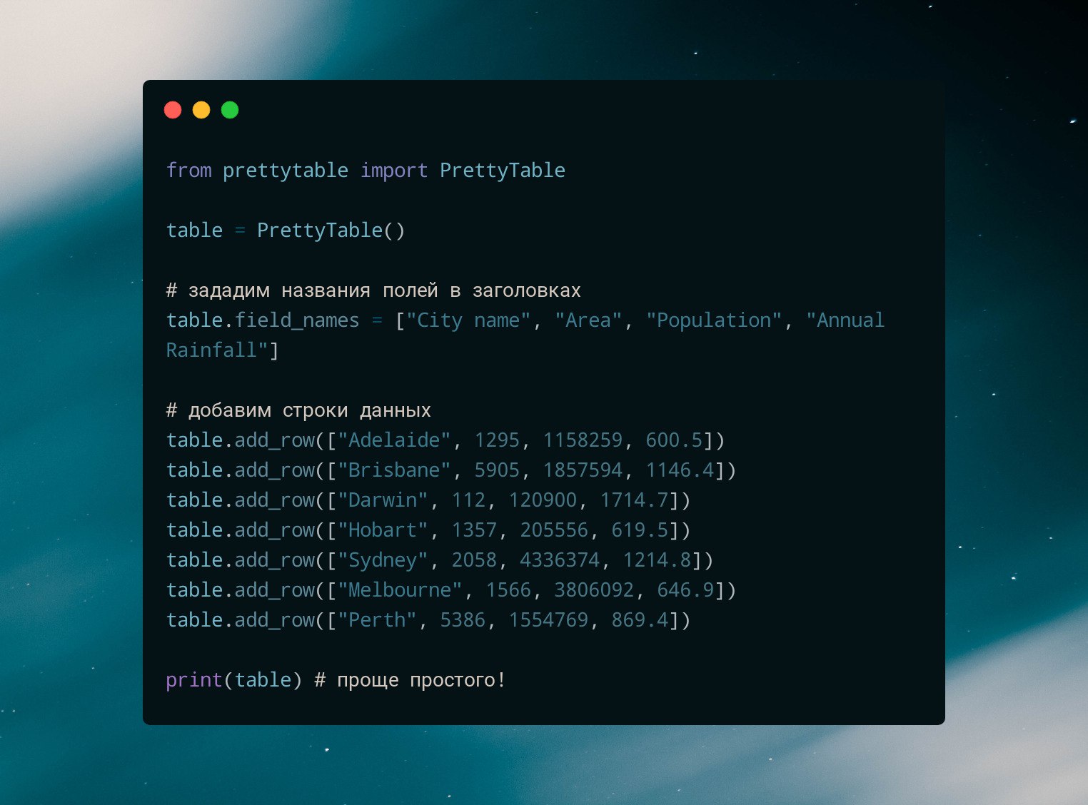 Python Academy. Prettytable.